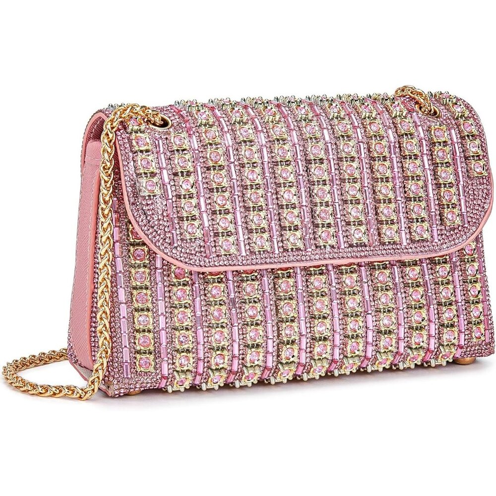 〽️Women Pink Shoulder Crossbody Handbags Crystals Rhinestone Evening Bag